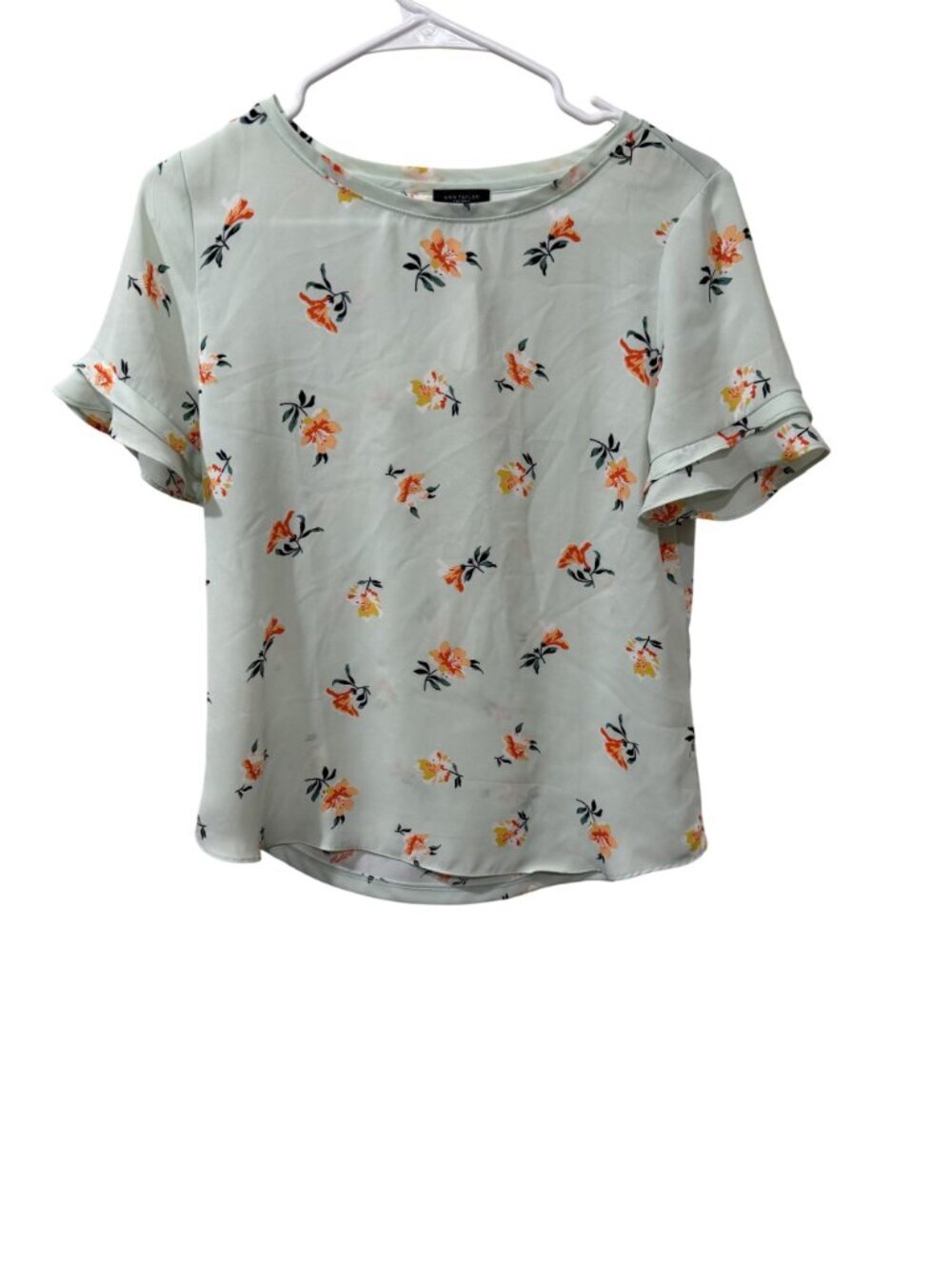 Ann Taylor Factory Floral Short-Sleeve Blouse XS Mint Green Orange Yellow Flower